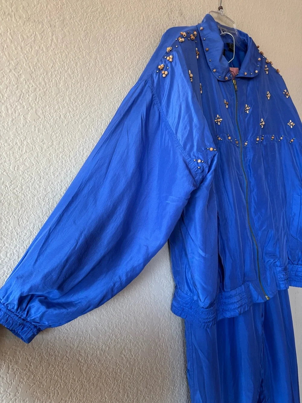 Rare Vintage 80’s Mureli Royal Blue 100% Silk Beaded Track Jacket Set XL NWT